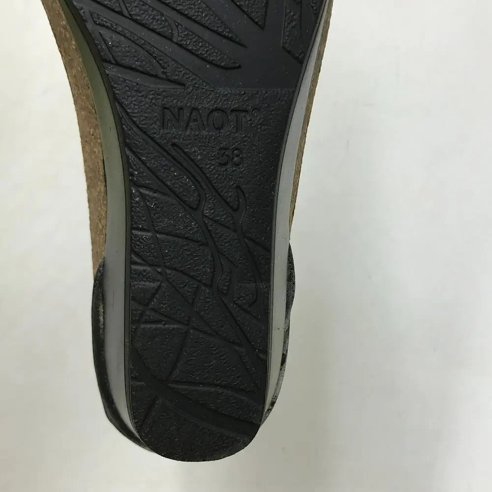 Naot Pixie Wedge Sandal Women's 38 (7) Black Cobra Snake Print Cork Footbed
